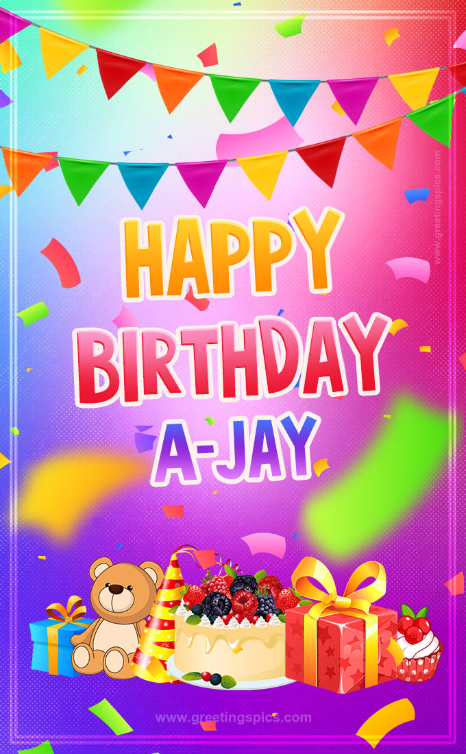 Bright card with Wishes for a Happy Birthday for A-Jay (tall rectangle shape picture)