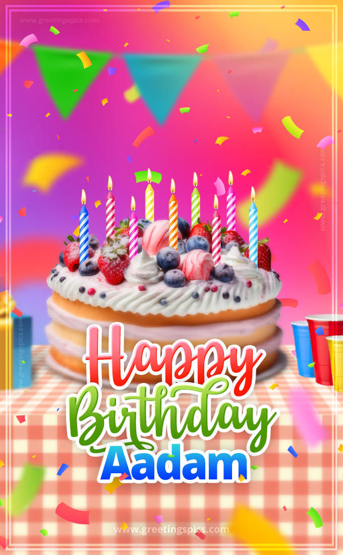 Happy Birthday Aadam Colorful Image with fruit cake and candles (tall rectangle shape picture)