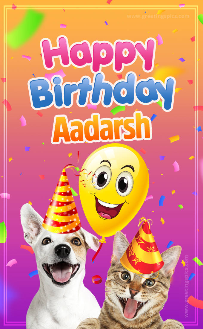 Happy Birthday Aadarsh Funny Image with cat and dog (tall rectangle shape picture)