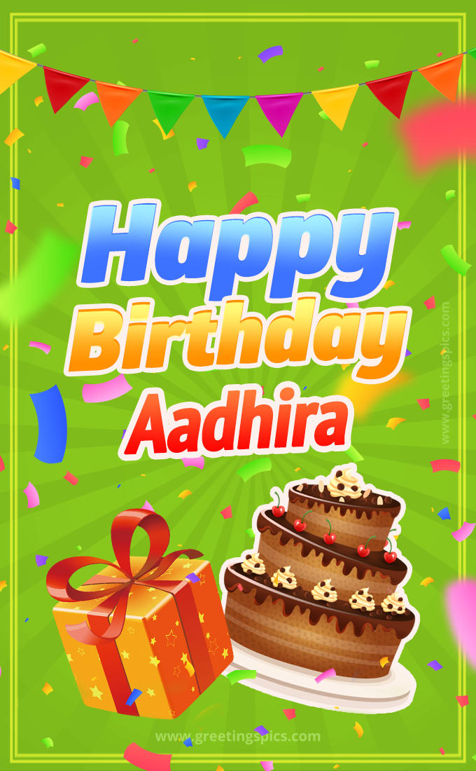 Happy Birthday Aadhira picture with flags, chocolate cake and gift box (tall rectangle shape picture)