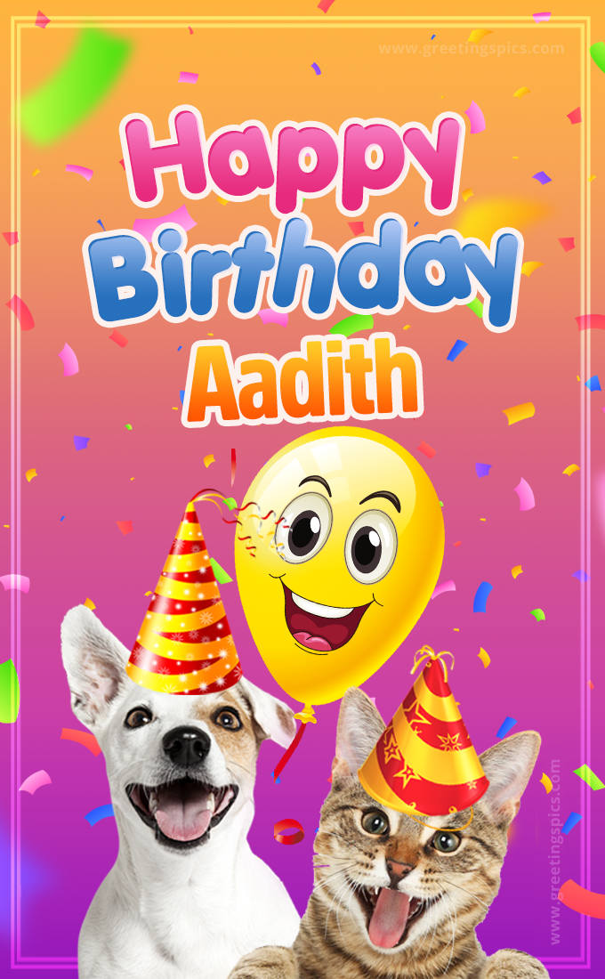 Happy Birthday Aadith Funny Image with cat and dog (tall rectangle shape picture)