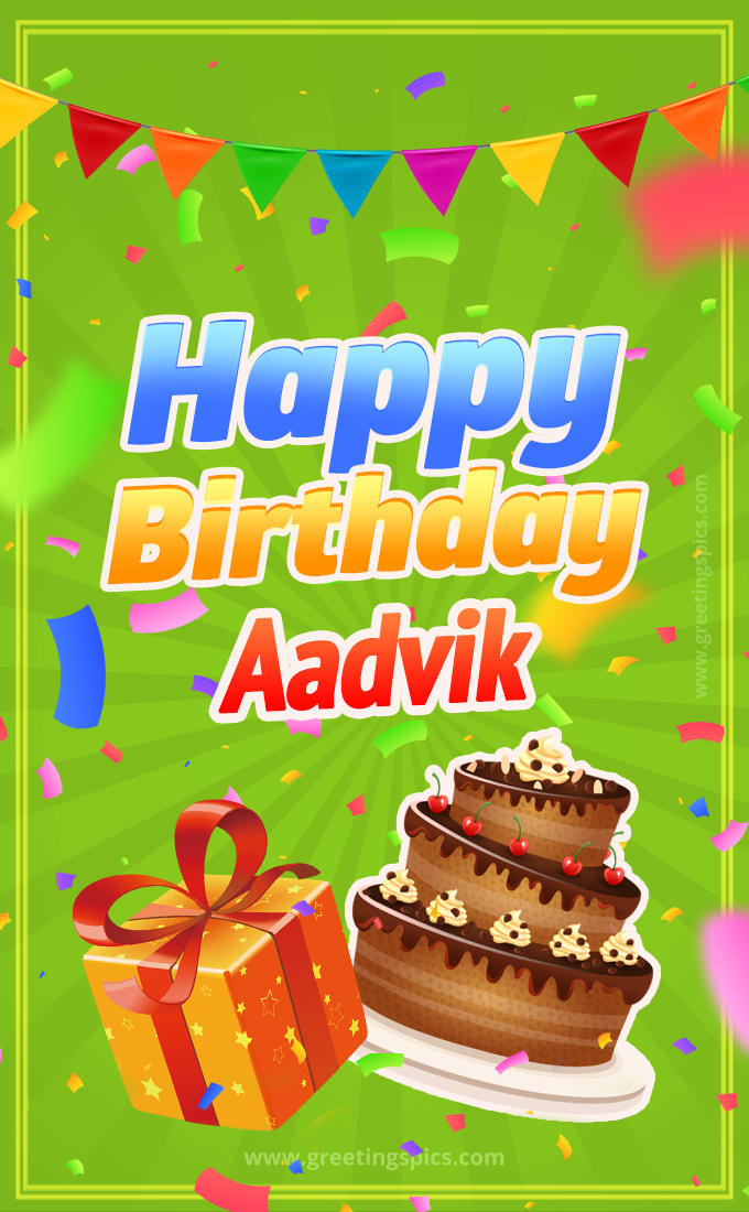 Happy Birthday Aadvik picture with flags, chocolate cake and gift box (tall rectangle shape picture)