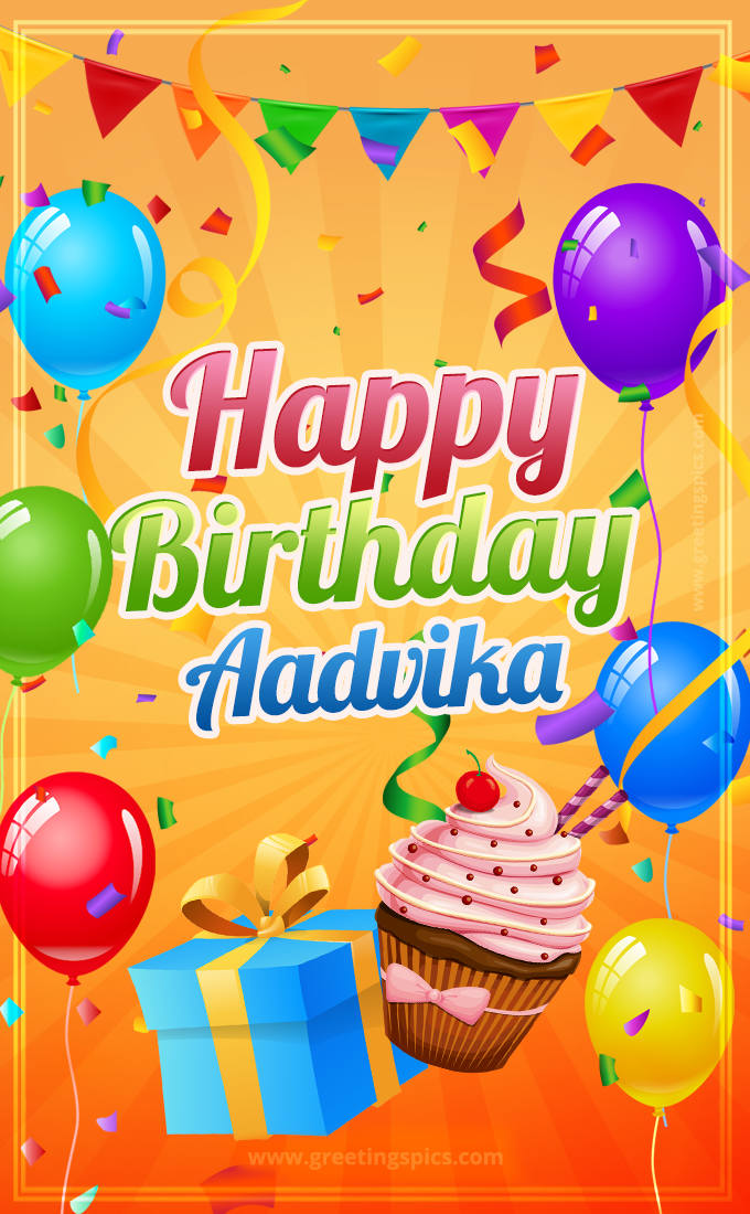 Happy Birthday Aadvika eCard with gift box and cupcake (tall rectangle shape picture)