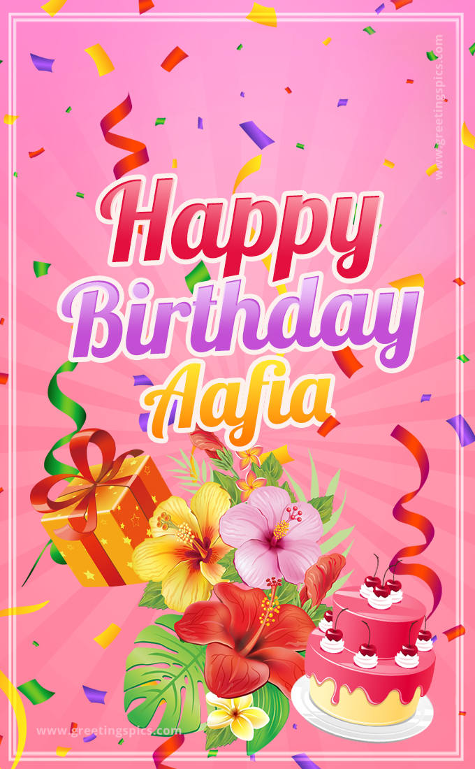 Beautiful Birthday Card for Aafia with Cake and bouquet of flowers (tall rectangle shape picture)