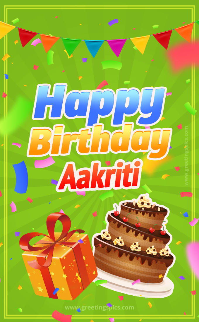 Happy Birthday Aakriti picture with flags, chocolate cake and gift box (tall rectangle shape picture)