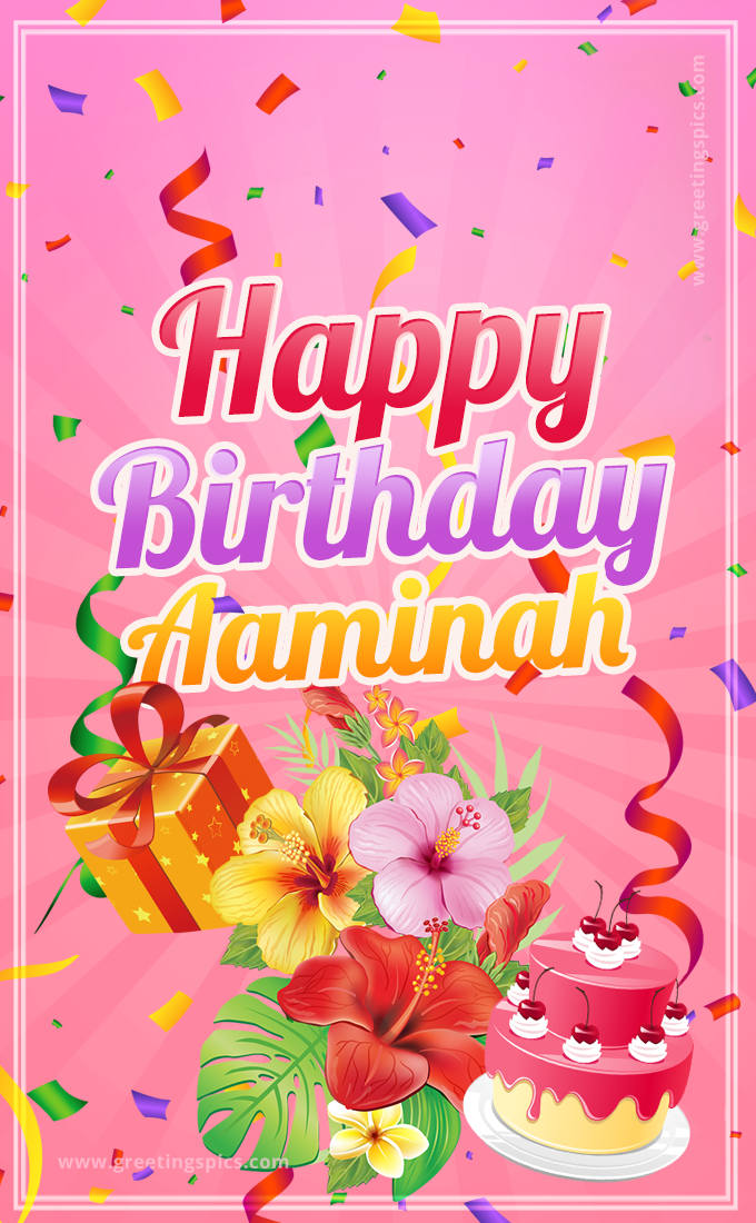 Beautiful Birthday Card for Aaminah with Cake and bouquet of flowers (tall rectangle shape picture)