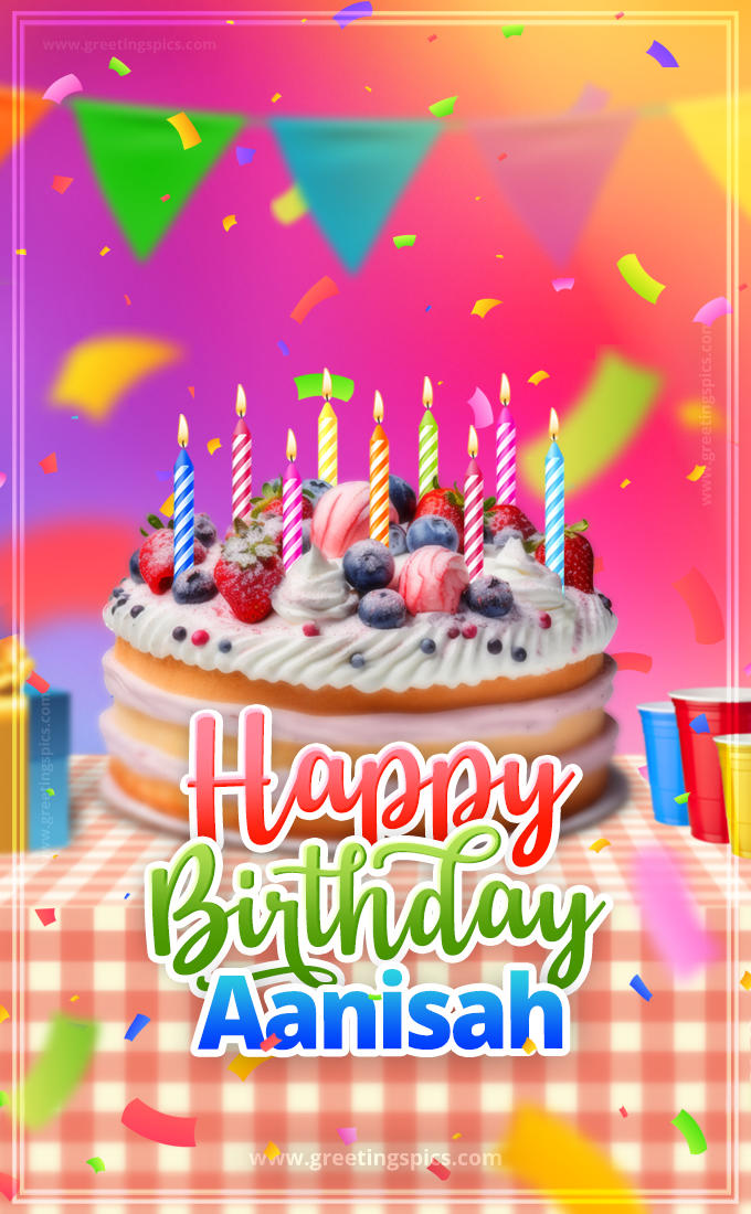 Happy Birthday Aanisah Colorful Image with fruit cake and candles (tall rectangle shape picture)