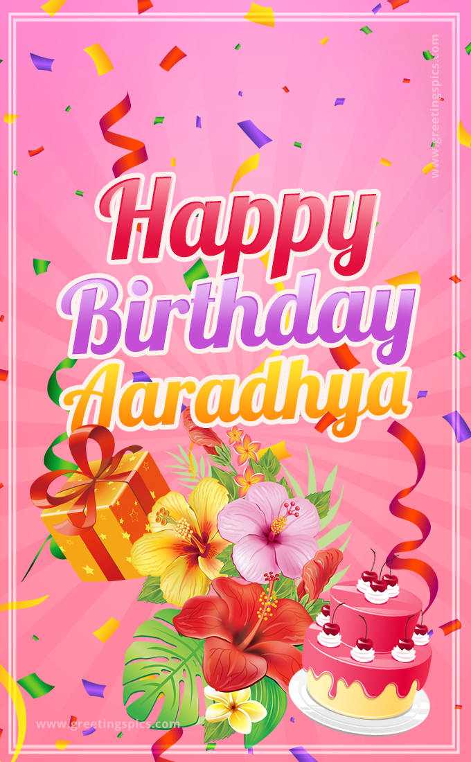 Beautiful Birthday Card for Aaradhya with Cake and bouquet of flowers (tall rectangle shape picture)