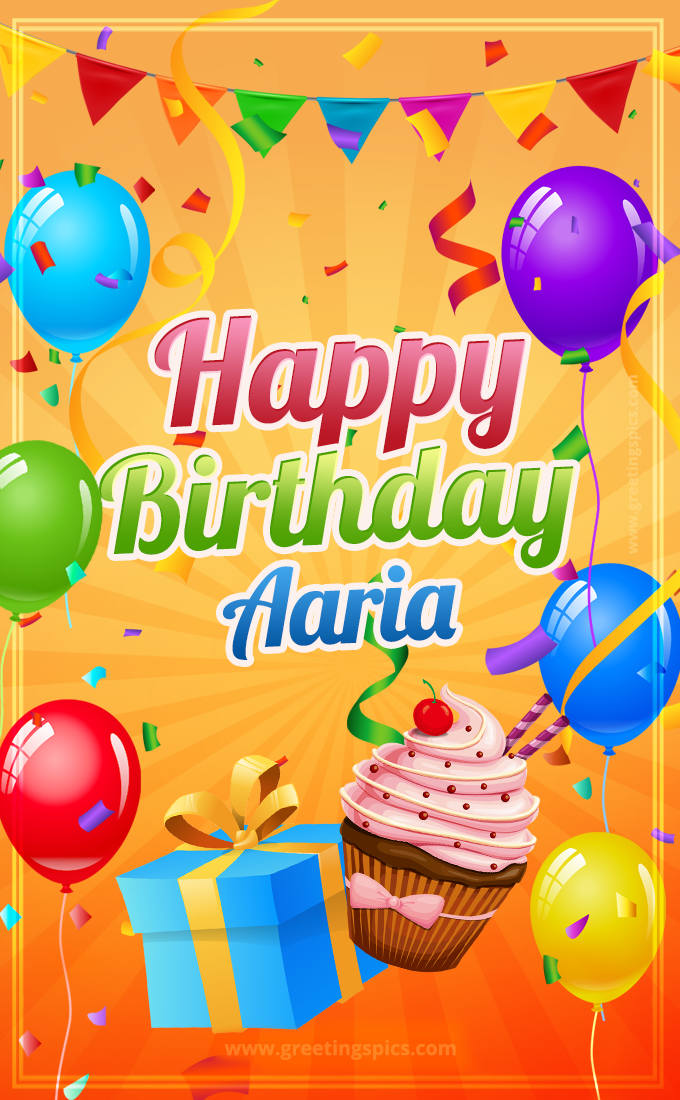 Happy Birthday Aaria eCard with gift box and cupcake (tall rectangle shape picture)