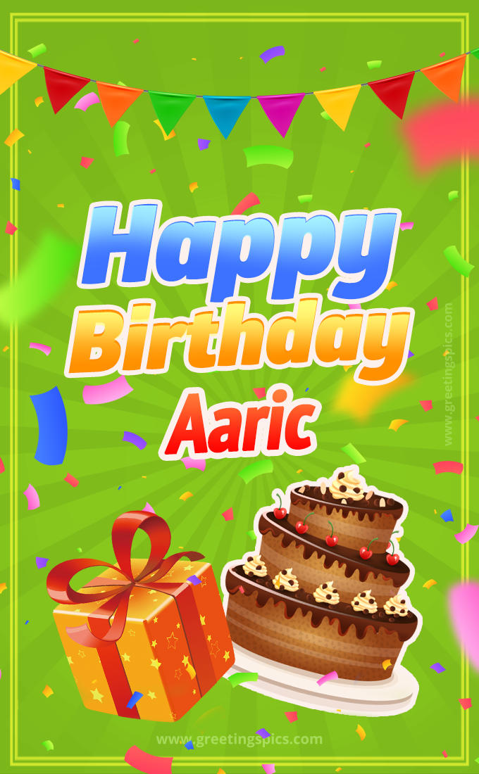 Happy Birthday Aaric picture with flags, chocolate cake and gift box (tall rectangle shape picture)