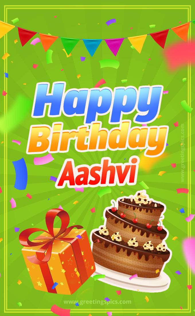 Happy Birthday Aashvi picture with flags, chocolate cake and gift box (tall rectangle shape picture)