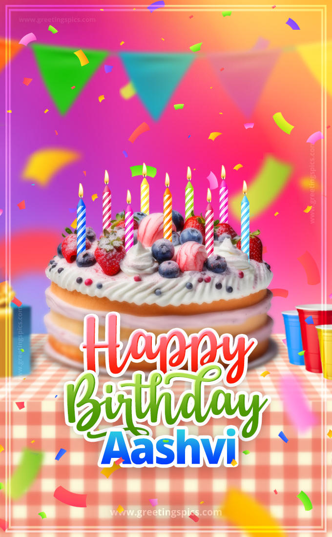 Happy Birthday Aashvi Colorful Image with fruit cake and candles (tall rectangle shape picture)