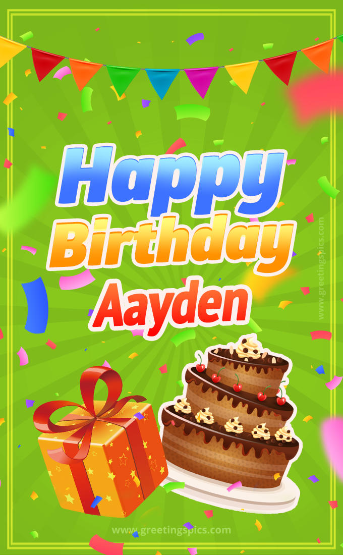 Happy Birthday Aayden picture with flags, chocolate cake and gift box (tall rectangle shape picture)