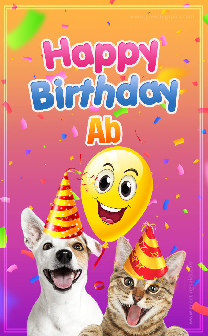 Happy Birthday Ab Funny Image with cat and dog (tall rectangle shape picture)