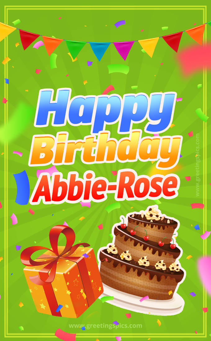 Happy Birthday Abbie-Rose picture with flags, chocolate cake and gift box (tall rectangle shape picture)