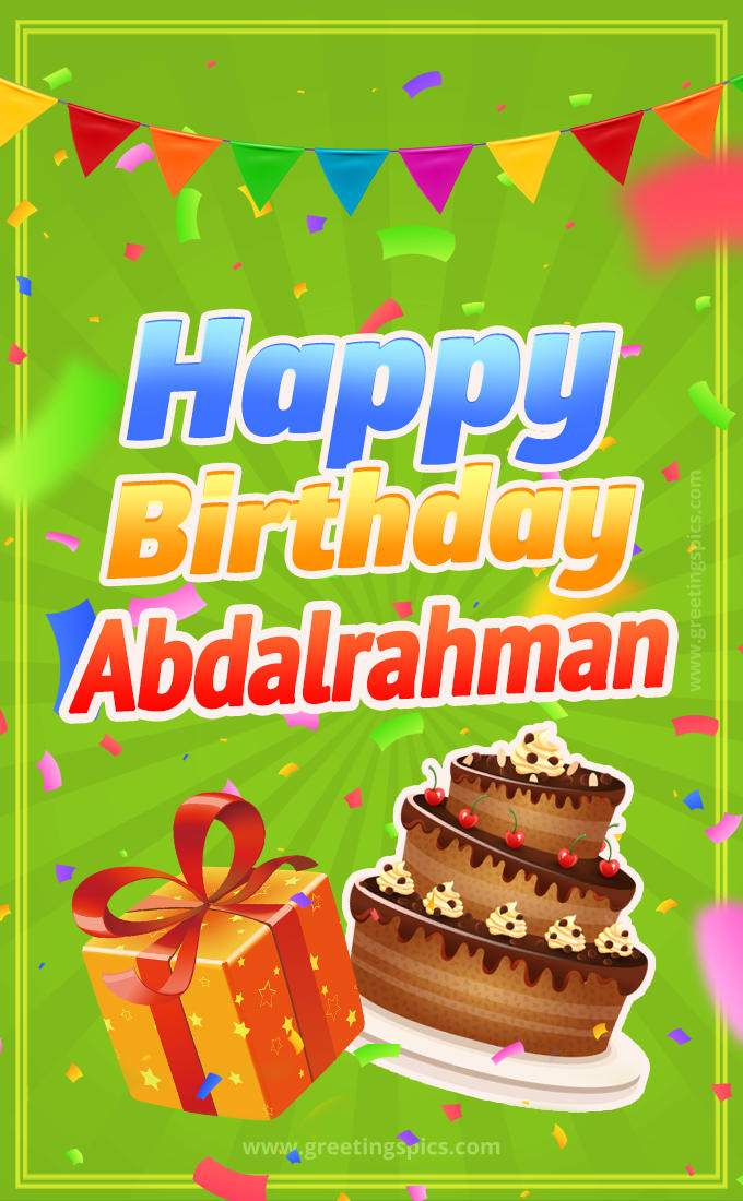 Happy Birthday Abdalrahman picture with flags, chocolate cake and gift box (tall rectangle shape picture)