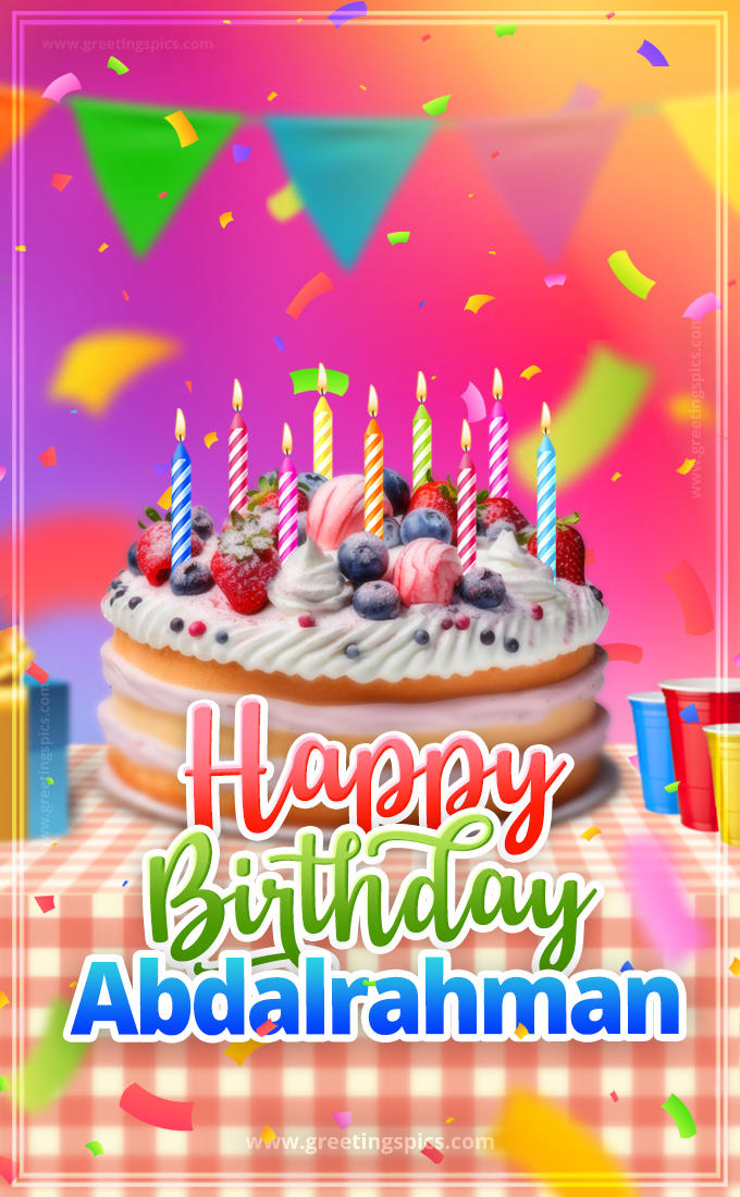 Happy Birthday Abdalrahman Colorful Image with fruit cake and candles (tall rectangle shape picture)