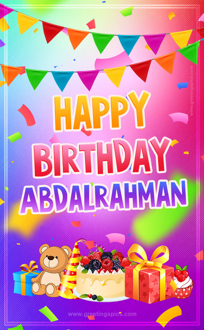 Bright card with Wishes for a Happy Birthday for Abdalrahman (tall rectangle shape picture)