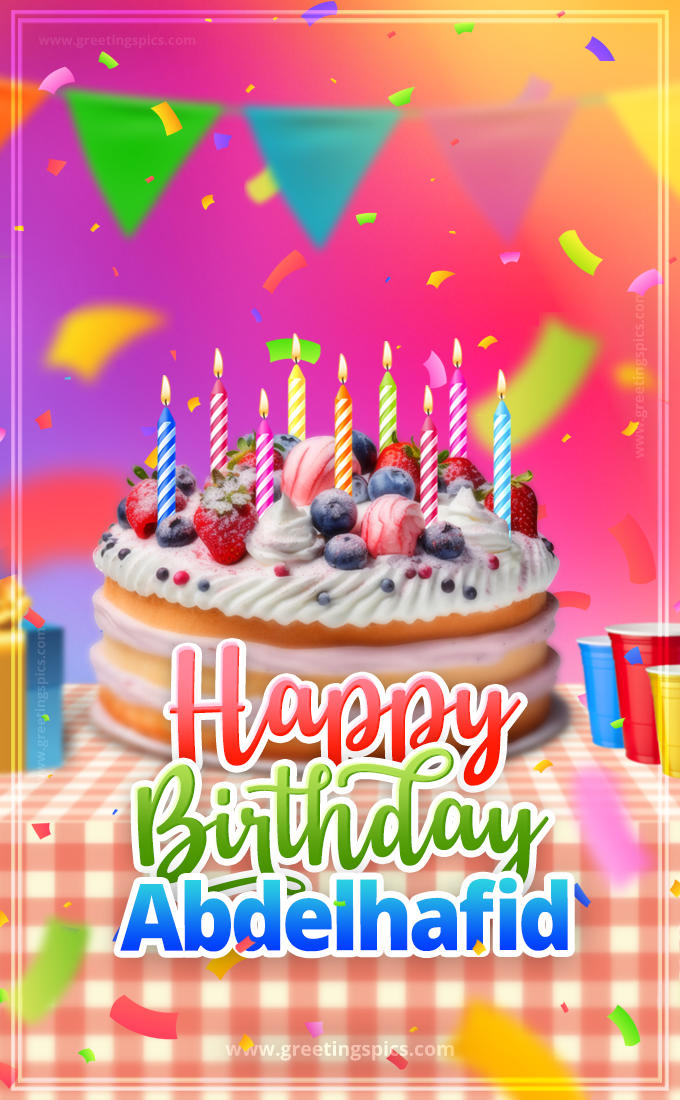 Happy Birthday Abdelhafid Colorful Image with fruit cake and candles (tall rectangle shape picture)