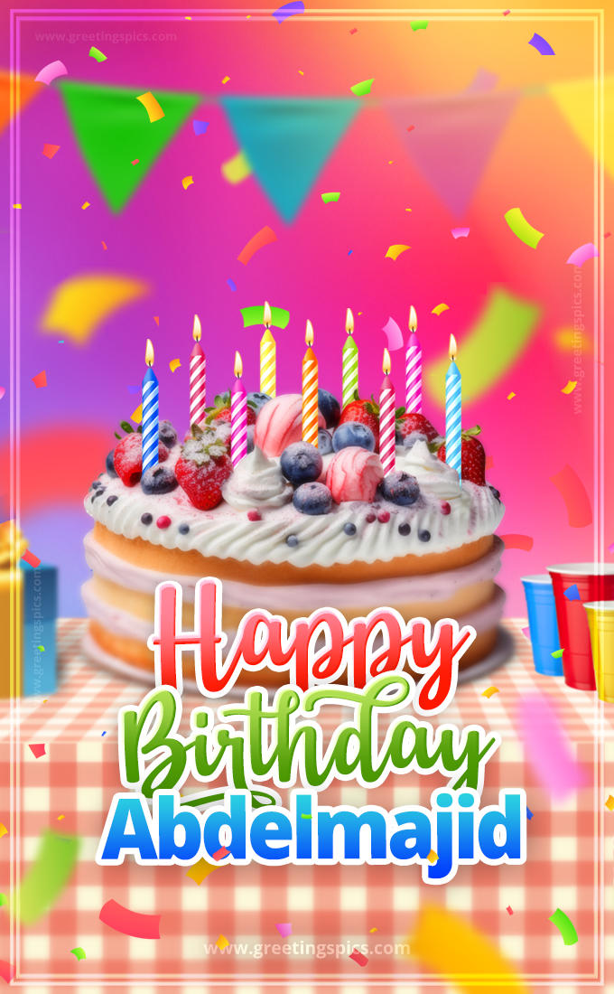 Happy Birthday Abdelmajid Colorful Image with fruit cake and candles (tall rectangle shape picture)