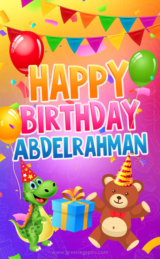 Happy Birthday Abdelrahman Image for a child with cute baby dinosaur and bear (tall rectangle shape picture)