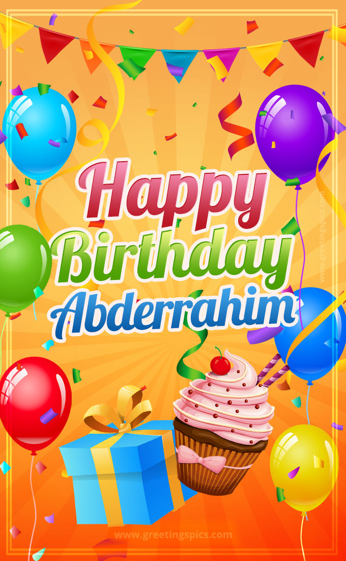 Happy Birthday Abderrahim eCard with gift box and cupcake (tall rectangle shape picture)