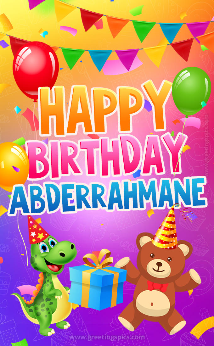 Happy Birthday Abderrahmane Image for a child with cute baby dinosaur and bear (tall rectangle shape picture)