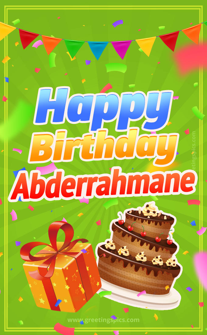 Happy Birthday Abderrahmane picture with flags, chocolate cake and gift box (tall rectangle shape picture)