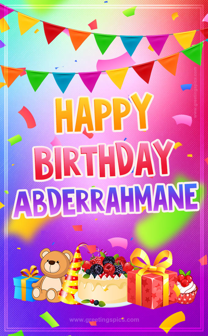 Bright card with Wishes for a Happy Birthday for Abderrahmane (tall rectangle shape picture)