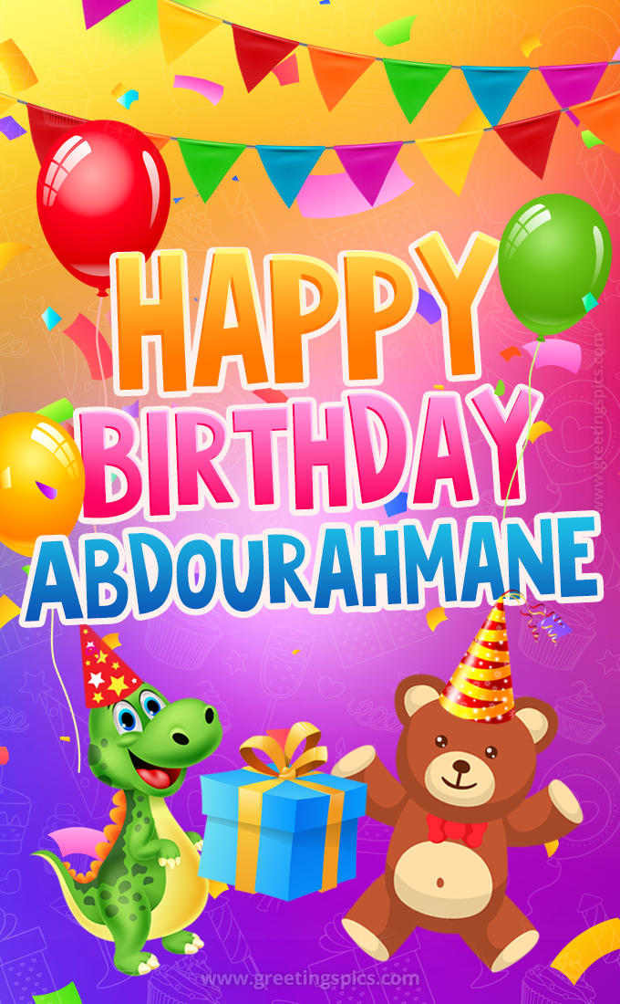 Happy Birthday Abdourahmane Image for a child with cute baby dinosaur and bear (tall rectangle shape picture)