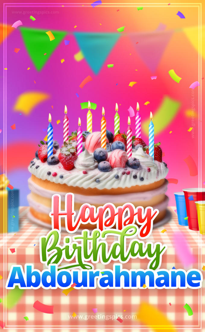 Happy Birthday Abdourahmane Colorful Image with fruit cake and candles (tall rectangle shape picture)