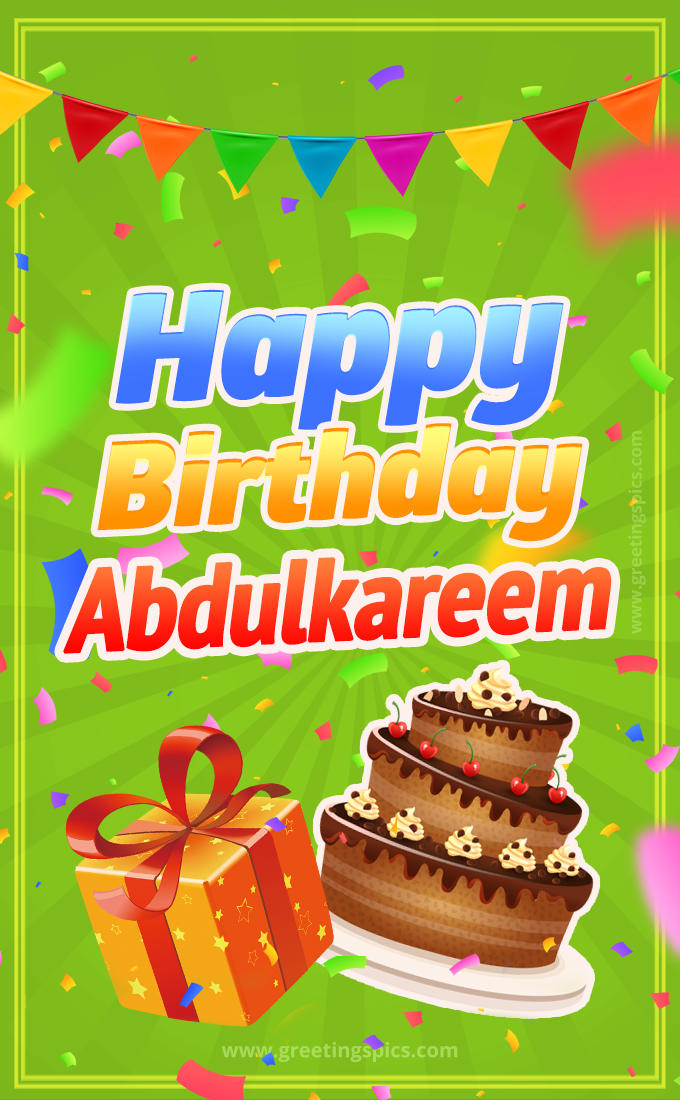 Happy Birthday Abdulkareem picture with flags, chocolate cake and gift box (tall rectangle shape picture)