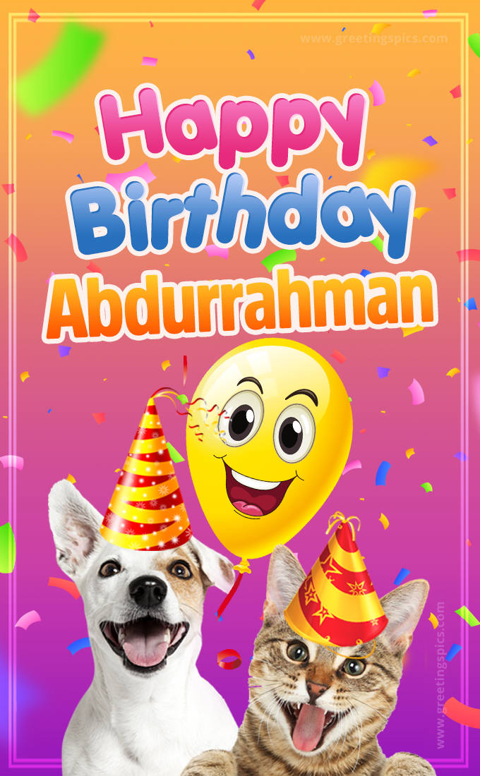 Happy Birthday Abdurrahman Funny Image with cat and dog (tall rectangle shape picture)