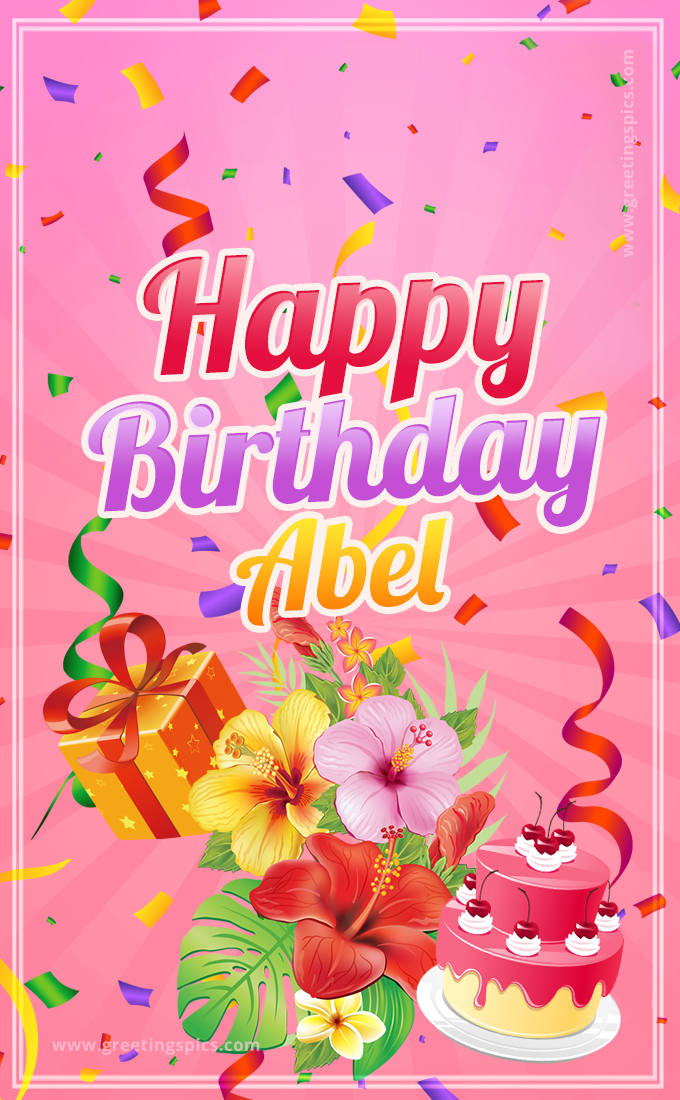 Beautiful Birthday Card for Abel with Cake and bouquet of flowers (tall rectangle shape picture)