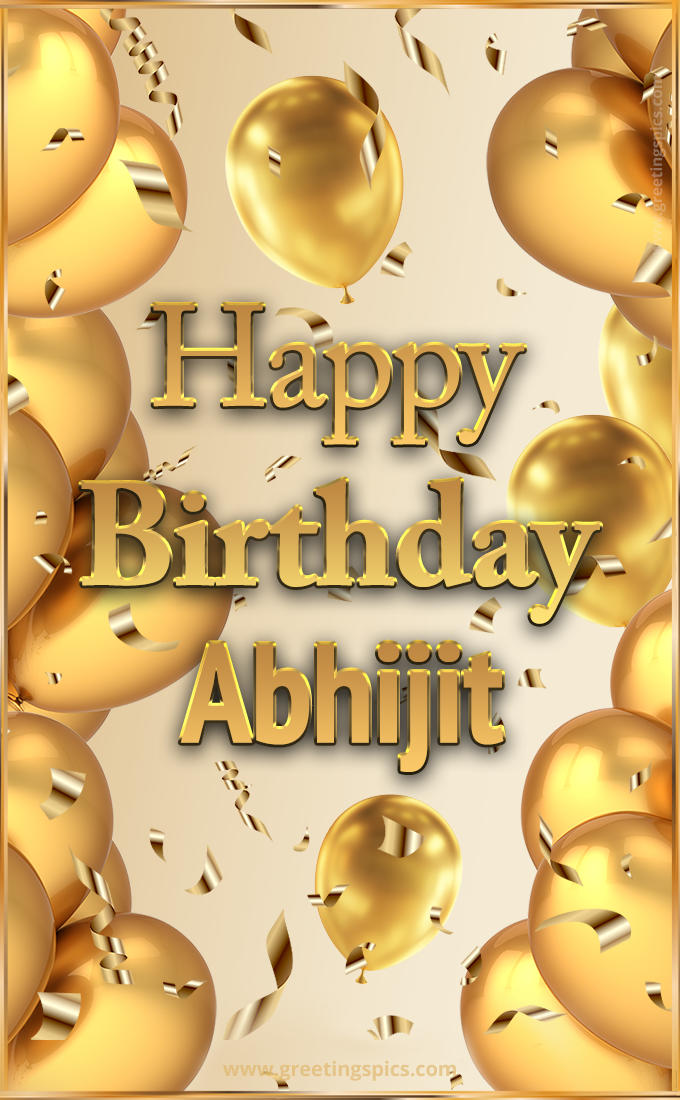 Happy Birthday Abhijit Card with golden confetti and balloons (tall rectangle shape picture)