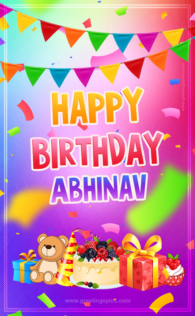 Bright card with Wishes for a Happy Birthday for Abhinav (tall rectangle shape picture)