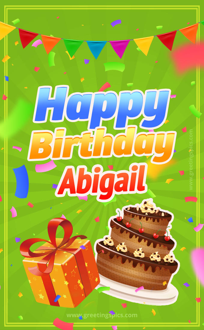 Happy Birthday Abigail picture with flags, chocolate cake and gift box (tall rectangle shape picture)