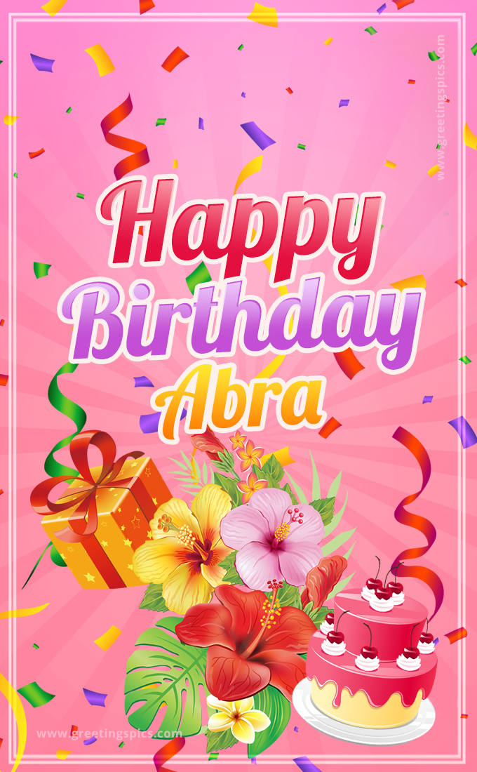 Beautiful Birthday Card for Abra with Cake and bouquet of flowers (tall rectangle shape picture)