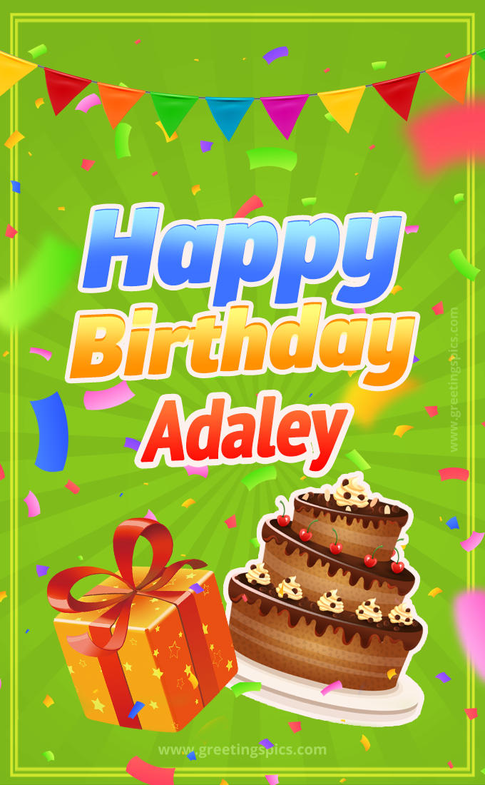 Happy Birthday Adaley picture with flags, chocolate cake and gift box (tall rectangle shape picture)