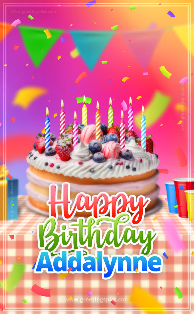 Happy Birthday Addalynne Colorful Image with fruit cake and candles (tall rectangle shape picture)