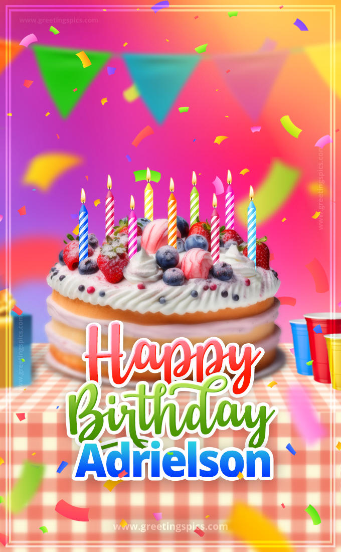 Happy Birthday Adrielson Colorful Image with fruit cake and candles (tall rectangle shape picture)