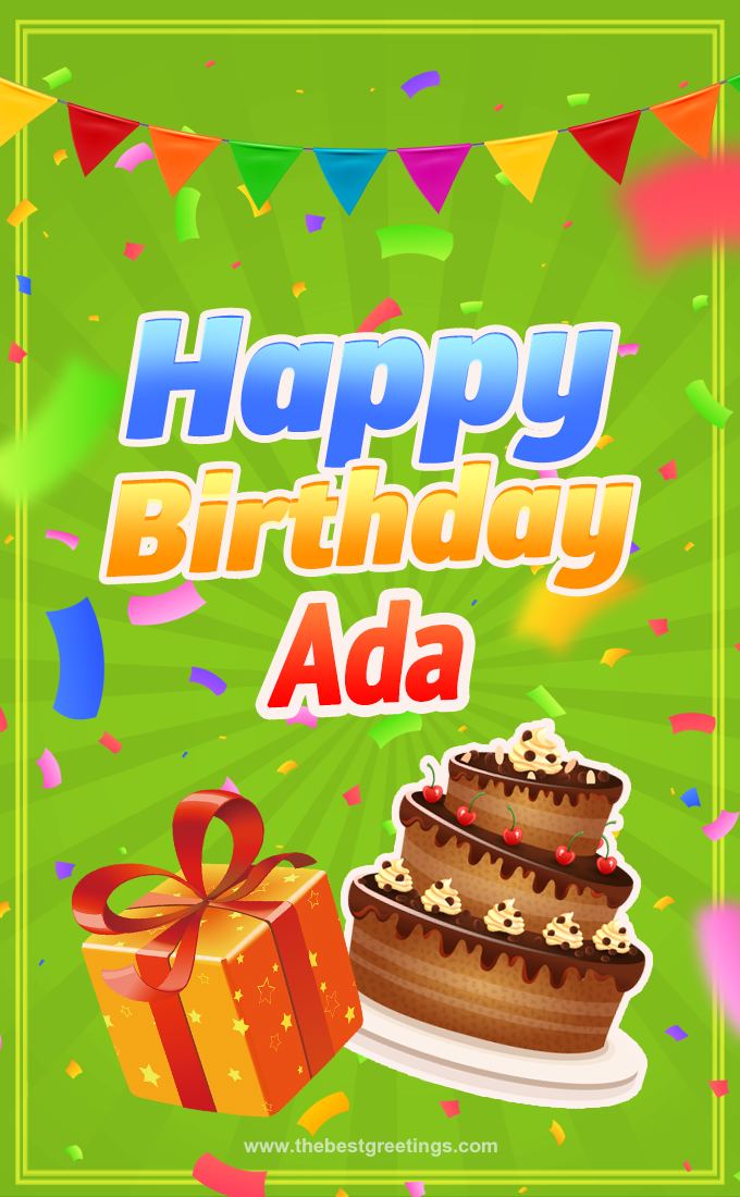 Happy Birthday Adа picture with flags, chocolate cake and gift box (tall rectangle shape picture)