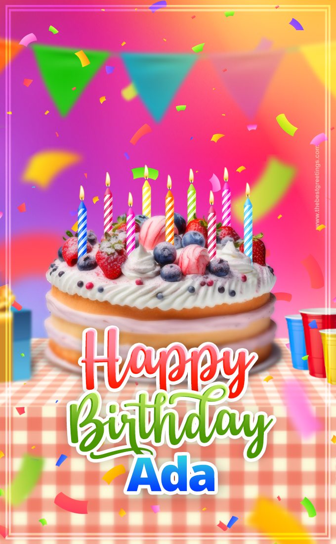 Happy Birthday Adа Colorful Image with fruit cake and candles (tall rectangle shape picture)