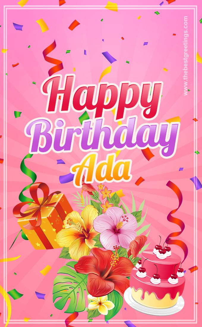 Beautiful Birthday Card for Adа with Cake and bouquet of flowers (tall rectangle shape picture)