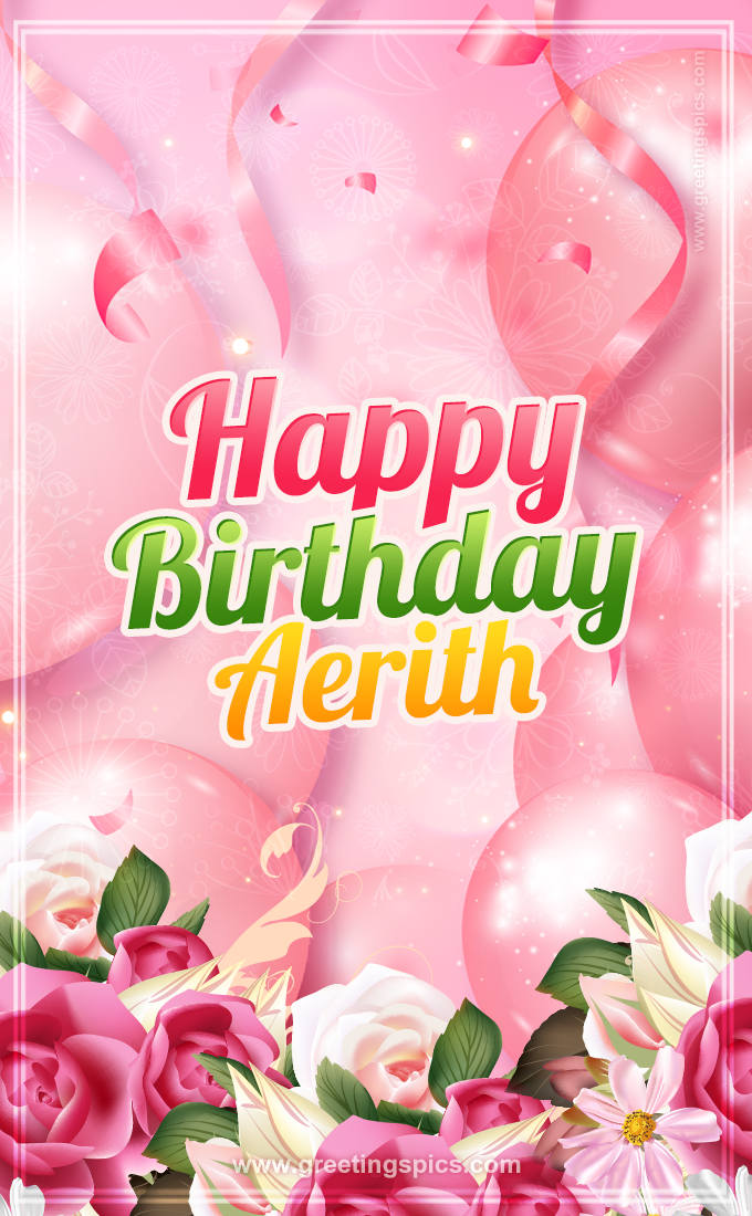 Image with gentle pink background and flowers Happy Birthday Aerith (tall rectangle shape picture)