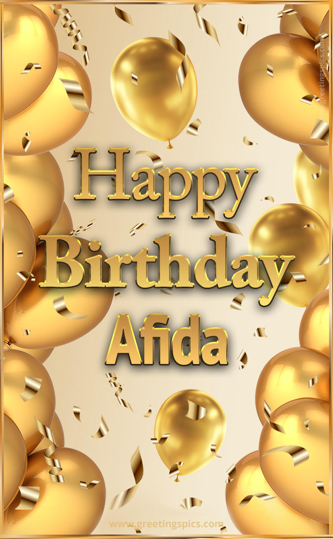 Happy Birthday Afida Card with golden confetti and balloons (tall rectangle shape picture)