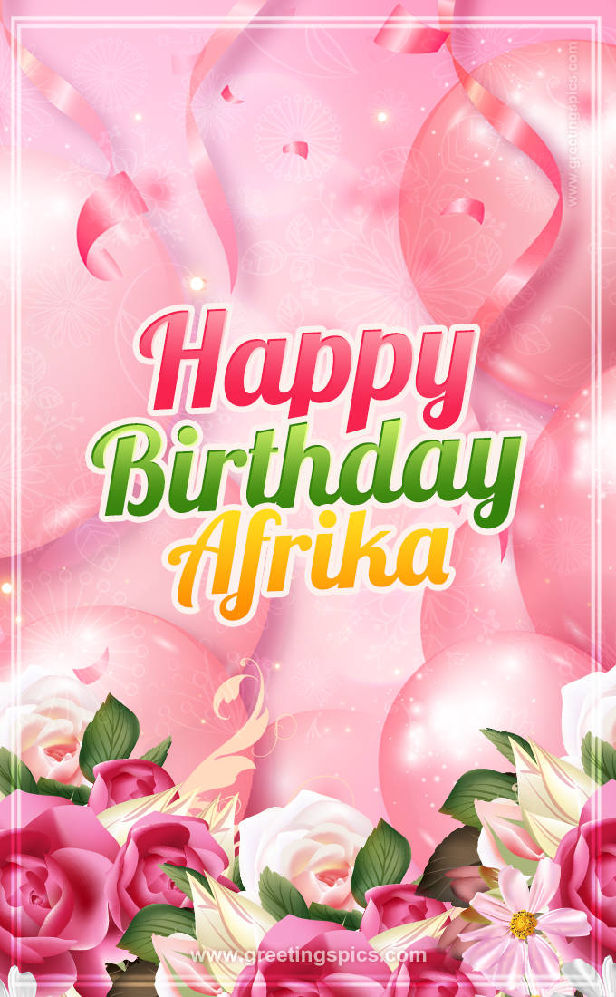 Image with gentle pink background and flowers Happy Birthday Afrika (tall rectangle shape picture)