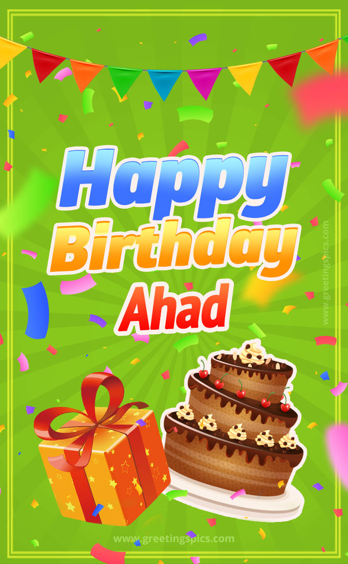 Happy Birthday Ahad picture with flags, chocolate cake and gift box (tall rectangle shape picture)