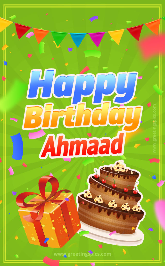 Happy Birthday Ahmaad picture with flags, chocolate cake and gift box (tall rectangle shape picture)