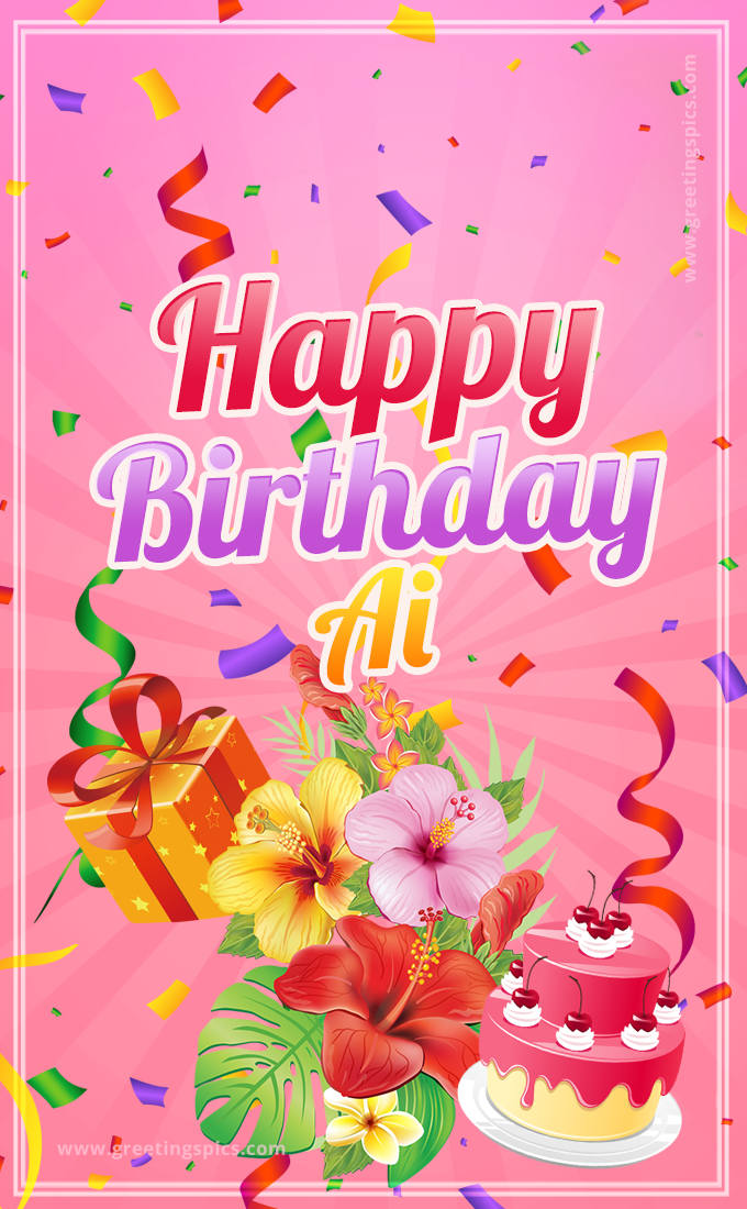 Beautiful Birthday Card for Ai with Cake and bouquet of flowers (tall rectangle shape picture)